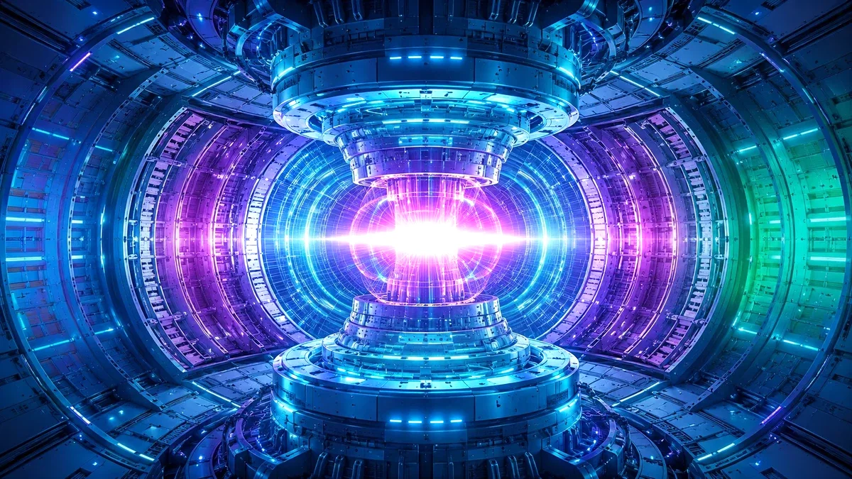 Stylized tokamak fusion reactor chamber with a luminous plasma core in the Nuclear Fusion Events color palette